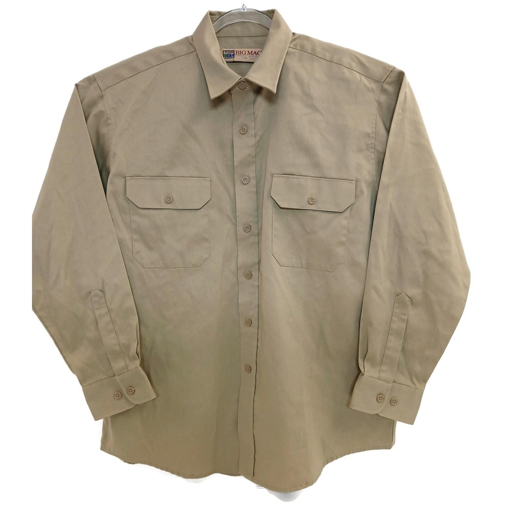 Big Mac Shirt Mens Large Khaki Workwear Button Down Twill Long‎ Sleeve Pockets